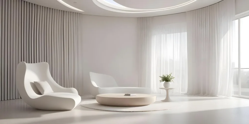 3d Model Modern Interior Space Featuring A Minimalist Design With White Walls And Furniture The Room Includes A Curved Wall Texture A Round Coffee Table And A Small White Chair Natural Light Enters Through Small Wind 9 D59d