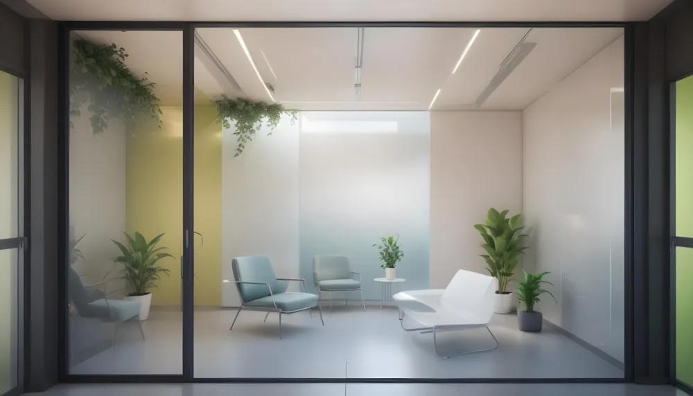 3d Model Modern Office Waiting Room With Frosted Glass Walls A White Lounge Chair And A Small Green Plant In The Background Figure Octane Render Volumetric Highly Detailed Videogame Aesthetic 11 199c
