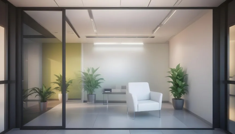 3d Model Modern Office Waiting Room With Frosted Glass Walls A White Lounge Chair And A Small Green Plant In The Background Figure Octane Render Volumetric Highly Detailed Videogame Aesthetic 12 D7b0
