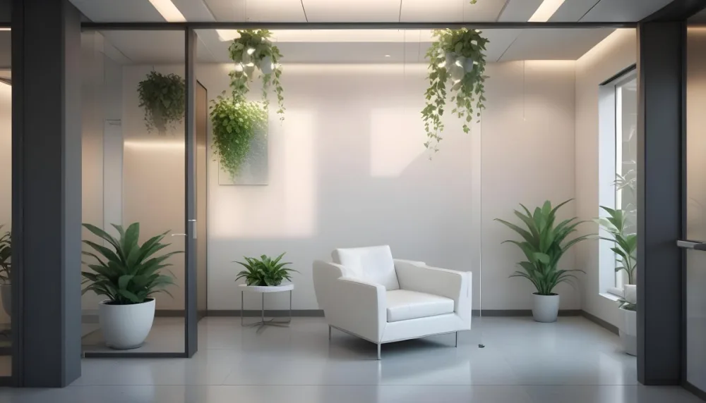 3d Model Modern Office Waiting Room With Frosted Glass Walls A White Lounge Chair And A Small Green Plant In The Background Figure Octane Render Volumetric Highly Detailed Videogame Aesthetic 17 E6bc