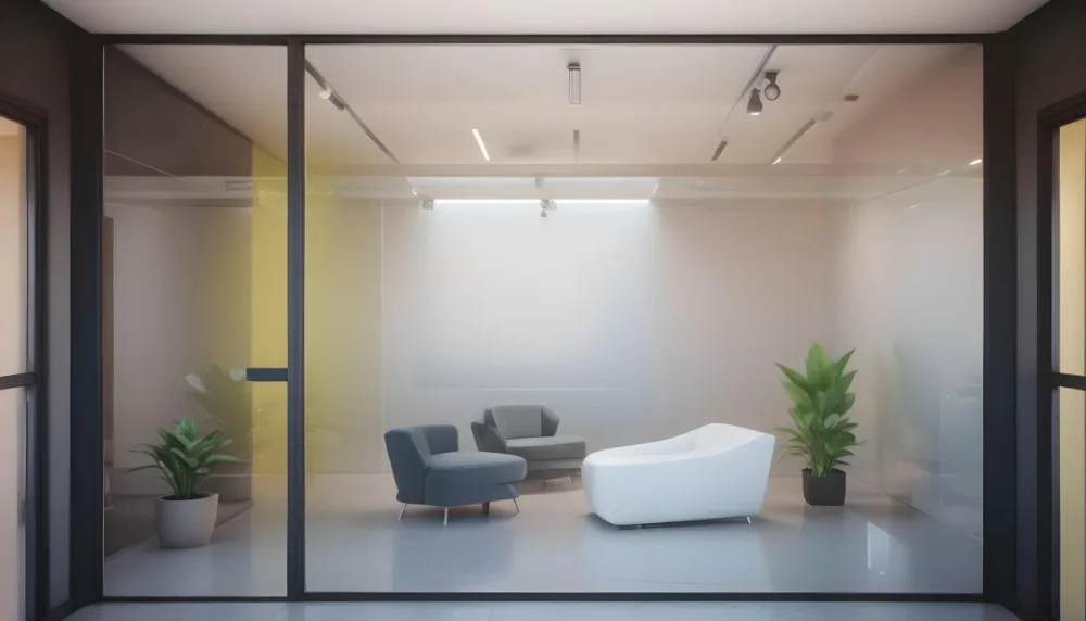 3d Model Modern Office Waiting Room With Frosted Glass Walls A White Lounge Chair And A Small Green Plant In The Background Figure Octane Render Volumetric Highly Detailed Videogame Aesthetic 18 5241