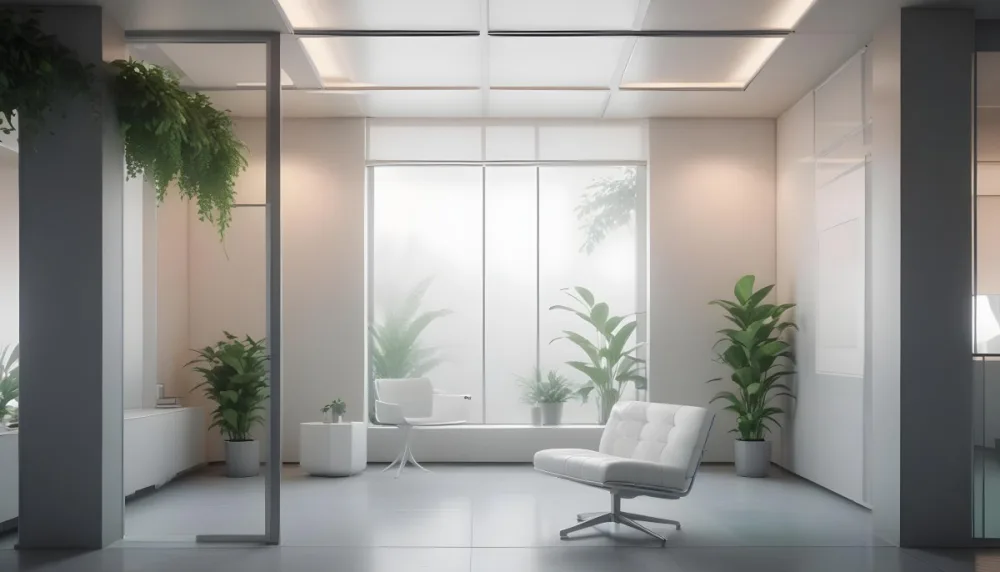 3d Model Modern Office Waiting Room With Frosted Glass Walls A White Lounge Chair And A Small Green Plant In The Background Figure Octane Render Volumetric Highly Detailed Videogame Aesthetic 19 6306
