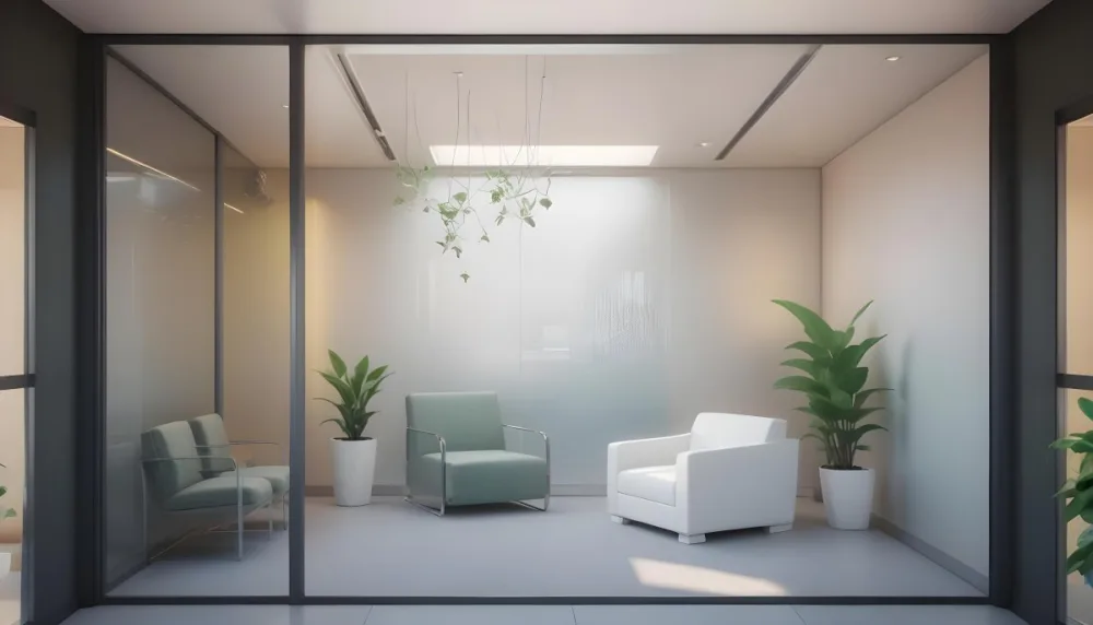 3d Model Modern Office Waiting Room With Frosted Glass Walls A White Lounge Chair And A Small Green Plant In The Background Figure Octane Render Volumetric Highly Detailed Videogame Aesthetic 2 44e2