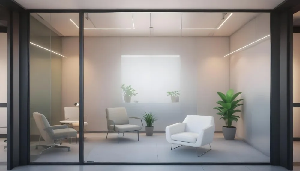 3d Model Modern Office Waiting Room With Frosted Glass Walls A White Lounge Chair And A Small Green Plant In The Background Figure Octane Render Volumetric Highly Detailed Videogame Aesthetic 3 58a1