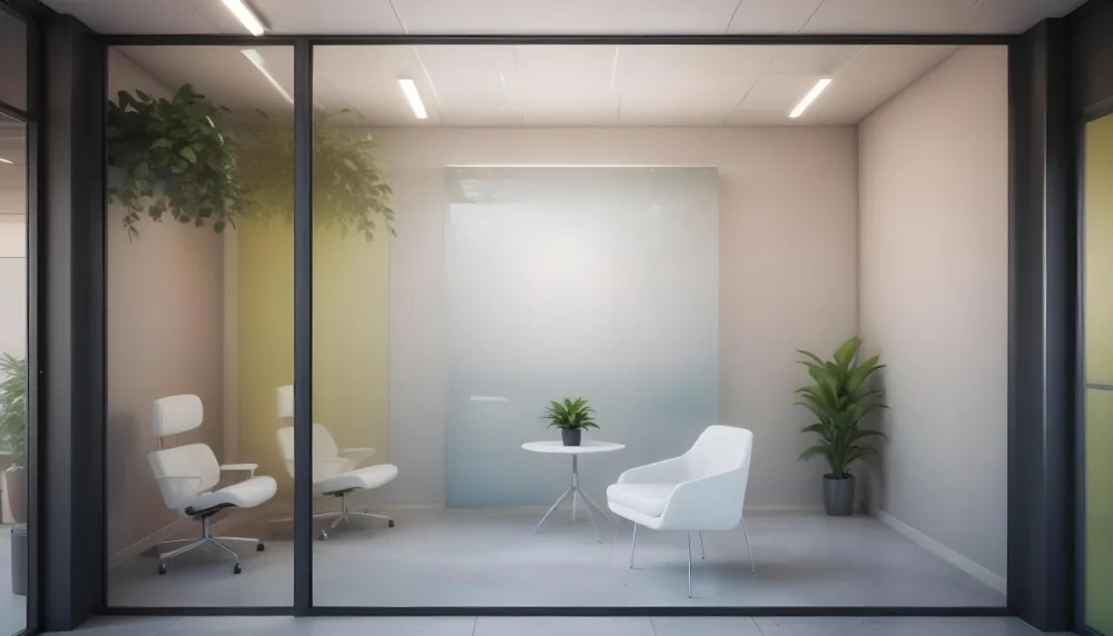 3d Model Modern Office Waiting Room With Frosted Glass Walls A White Lounge Chair And A Small Green Plant In The Background Figure Octane Render Volumetric Highly Detailed Videogame Aesthetic 4 Fea0