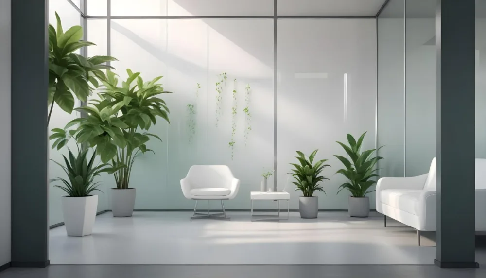 3d Model Modern Office Waiting Room With Frosted Glass Walls A White Lounge Chair And A Small Green Plant In The Background Figure Octane Render Volumetric Highly Detailed Videogame Aesthetic 5 7f28