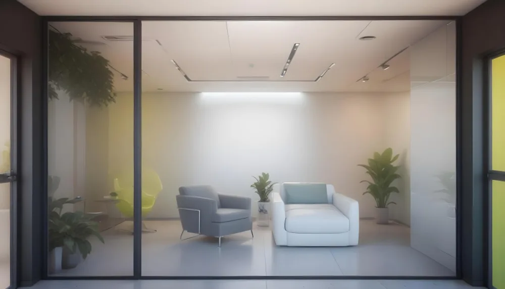 3d Model Modern Office Waiting Room With Frosted Glass Walls A White Lounge Chair And A Small Green Plant In The Background Figure Octane Render Volumetric Highly Detailed Videogame Aesthetic 6 9632
