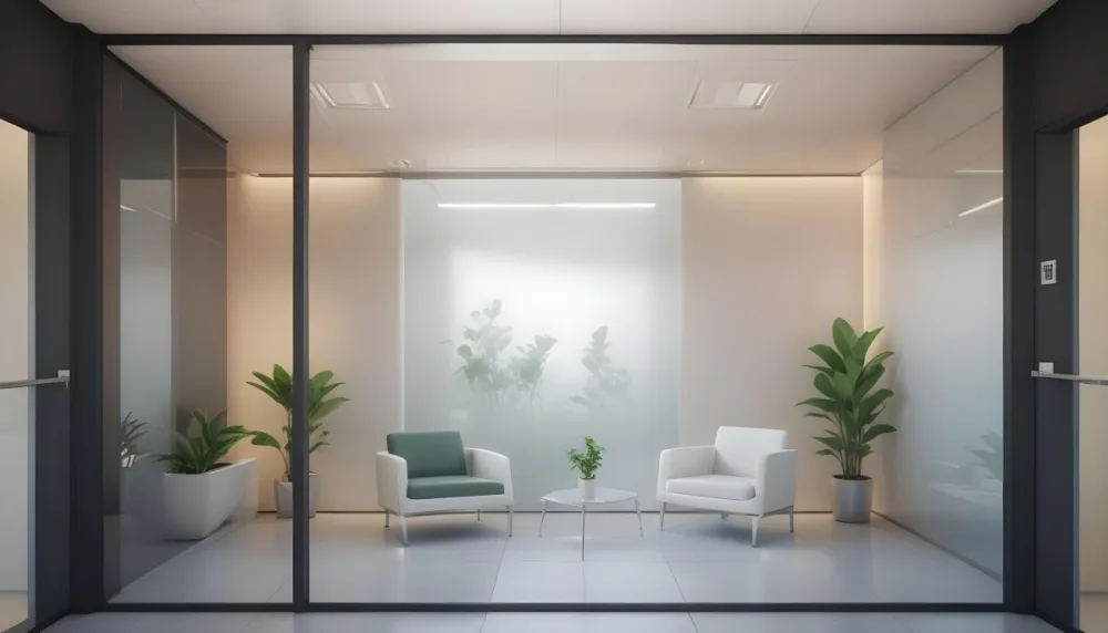3d Model Modern Office Waiting Room With Frosted Glass Walls A White Lounge Chair And A Small Green Plant In The Background Figure Octane Render Volumetric Highly Detailed Videogame Aesthetic 7 Eb89