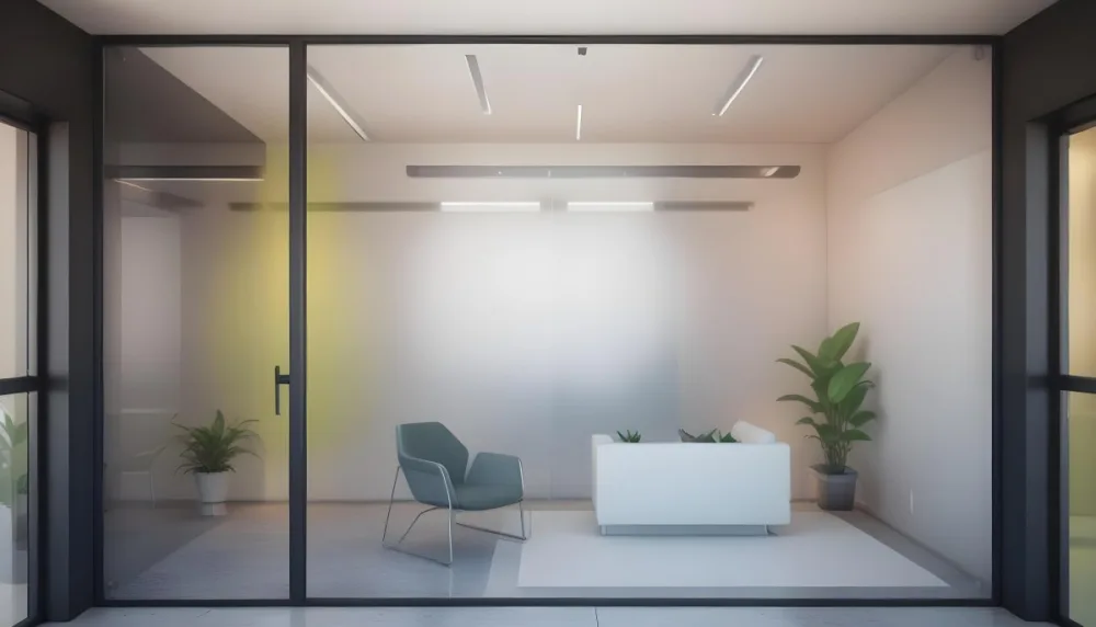 3d Model Modern Office Waiting Room With Frosted Glass Walls A White Lounge Chair And A Small Green Plant In The Background Figure Octane Render Volumetric Highly Detailed Videogame Aesthetic 8 C8ca