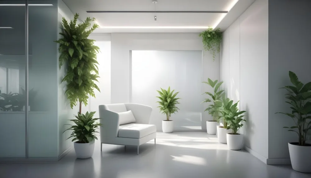 3d Model Modern Office Waiting Room With Frosted Glass Walls A White Lounge Chair And A Small Green Plant In The Background Figure Octane Render Volumetric Highly Detailed Videogame Aesthetic 9 B4cc