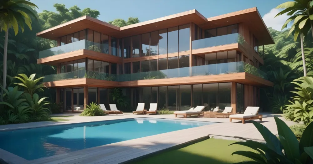 3d Model Modern Two Story House With A Wooden Exterior Large Glass Windows And A Spacious Patio The Scene Includes A Swimming Pool Lounge Chairs And Tropical Plants In The Foreground The Background Features Lush 13 09db