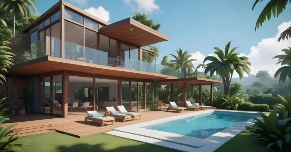 3d Model Modern Two Story House With A Wooden Exterior Large Glass Windows And A Spacious Patio The Scene Includes A Swimming Pool Lounge Chairs And Tropical Plants In The Foreground The Background Features Lush 15 D484