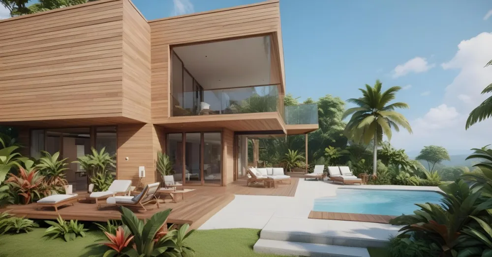 3d Model Modern Two Story House With A Wooden Exterior Large Glass Windows And A Spacious Patio The Scene Includes A Swimming Pool Lounge Chairs And Tropical Plants In The Foreground The Background Features Lush 17 D659