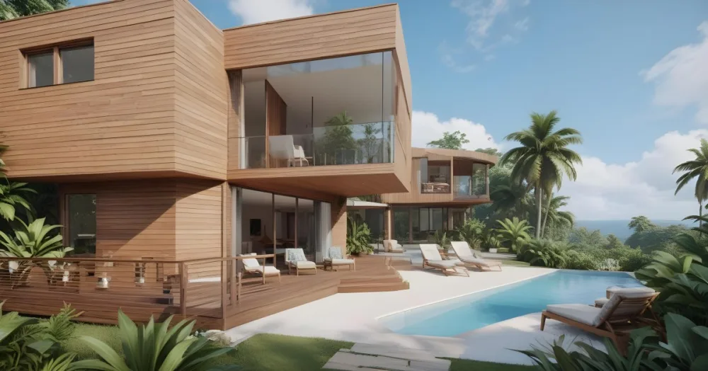 3d Model Modern Two Story House With A Wooden Exterior Large Glass Windows And A Spacious Patio The Scene Includes A Swimming Pool Lounge Chairs And Tropical Plants In The Foreground The Background Features Lush 18 Afa5
