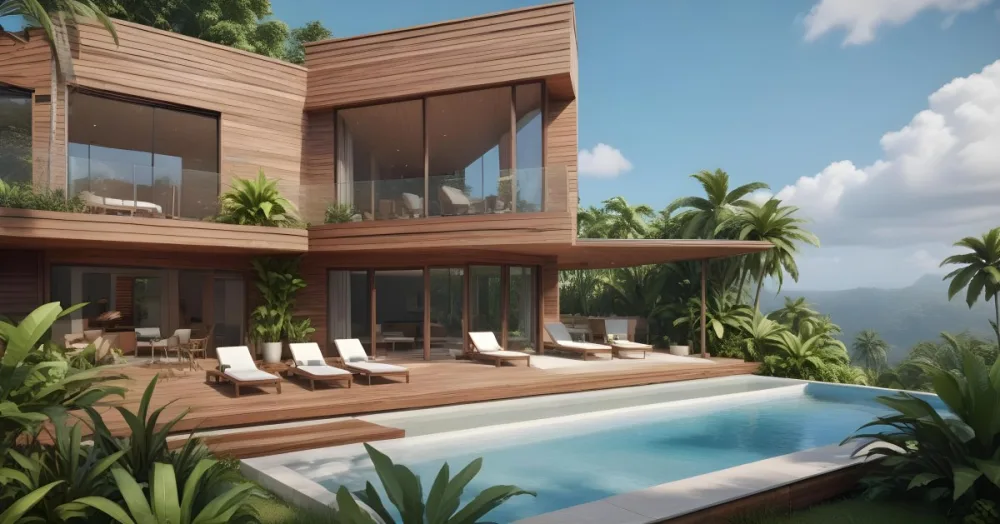 3d Model Modern Two Story House With A Wooden Exterior Large Glass Windows And A Spacious Patio The Scene Includes A Swimming Pool Lounge Chairs And Tropical Plants In The Foreground The Background Features Lush 23 1c50