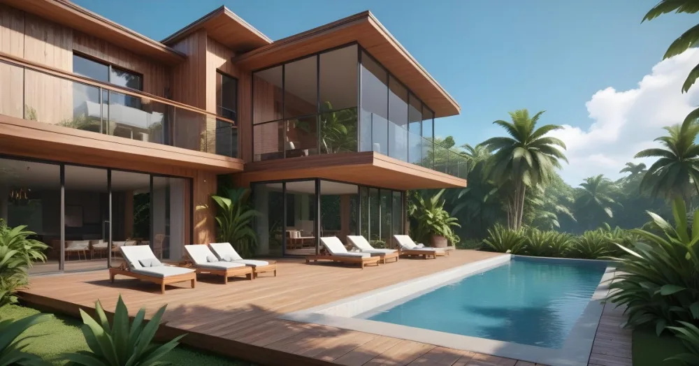 3d Model Modern Two Story House With A Wooden Exterior Large Glass Windows And A Spacious Patio The Scene Includes A Swimming Pool Lounge Chairs And Tropical Plants In The Foreground The Background Features Lush 29 08fb