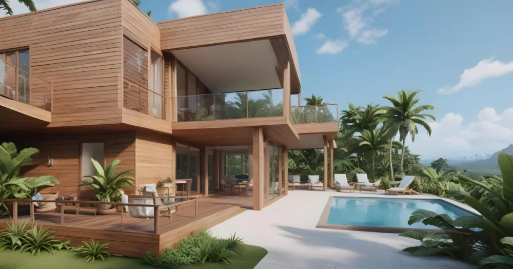 3d Model Modern Two Story House With A Wooden Exterior Large Glass Windows And A Spacious Patio The Scene Includes A Swimming Pool Lounge Chairs And Tropical Plants In The Foreground The Background Features Lush 32 0c74