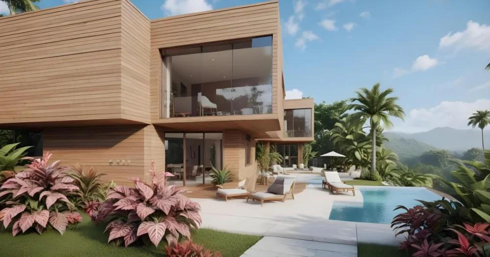 3d Model Modern Two Story House With A Wooden Exterior Large Glass Windows And A Spacious Patio The Scene Includes A Swimming Pool Lounge Chairs And Tropical Plants In The Foreground The Background Features Lush 40 B492
