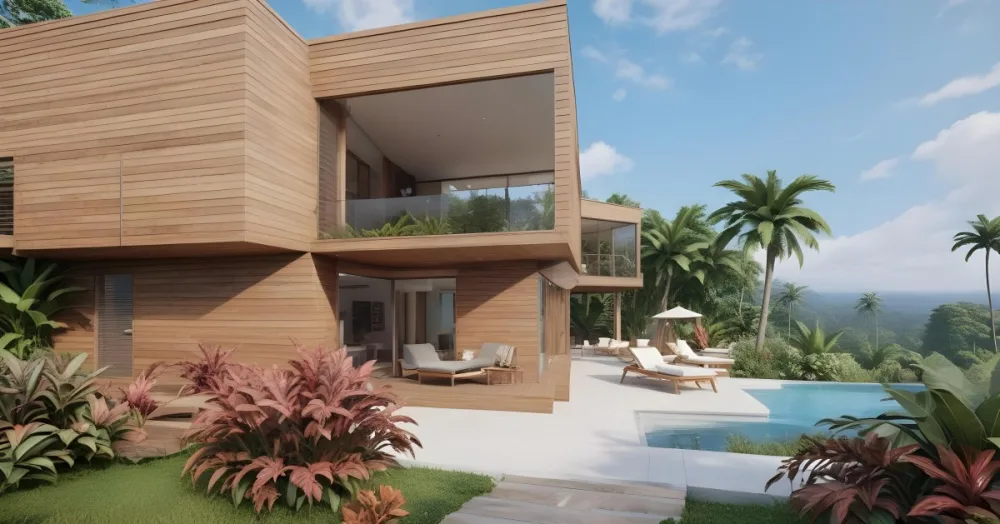 3d Model Modern Two Story House With A Wooden Exterior Large Glass Windows And A Spacious Patio The Scene Includes A Swimming Pool Lounge Chairs And Tropical Plants In The Foreground The Background Features Lush 41 9a10