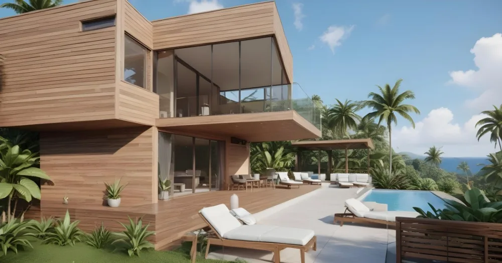 3d Model Modern Two Story House With A Wooden Exterior Large Glass Windows And A Spacious Patio The Scene Includes A Swimming Pool Lounge Chairs And Tropical Plants In The Foreground The Background Features Lush 43 78b0