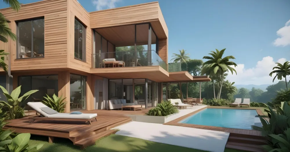 3d Model Modern Two Story House With A Wooden Exterior Large Glass Windows And A Spacious Patio The Scene Includes A Swimming Pool Lounge Chairs And Tropical Plants In The Foreground The Background Features Lush 44 Cf91