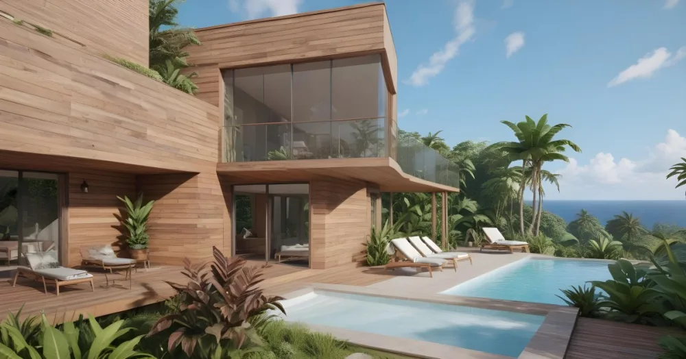 3d Model Modern Two Story House With A Wooden Exterior Large Glass Windows And A Spacious Patio The Scene Includes A Swimming Pool Lounge Chairs And Tropical Plants In The Foreground The Background Features Lush 45 B72b