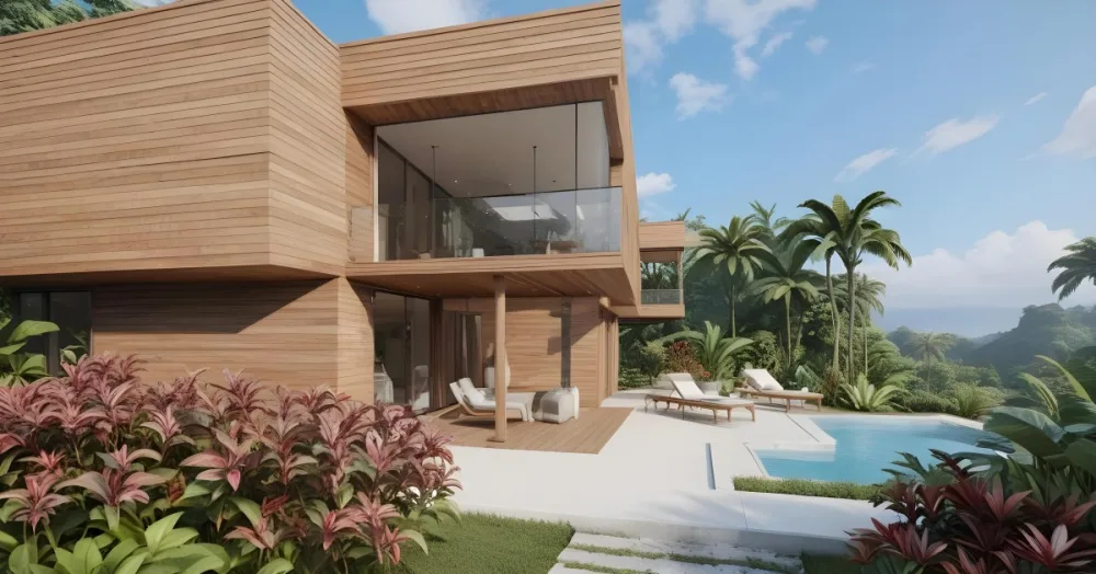 3d Model Modern Two Story House With A Wooden Exterior Large Glass Windows And A Spacious Patio The Scene Includes A Swimming Pool Lounge Chairs And Tropical Plants In The Foreground The Background Features Lush 46 174b