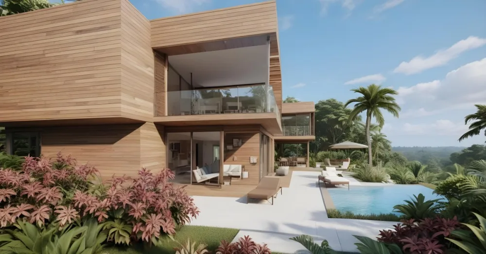 3d Model Modern Two Story House With A Wooden Exterior Large Glass Windows And A Spacious Patio The Scene Includes A Swimming Pool Lounge Chairs And Tropical Plants In The Foreground The Background Features Lush 47 3d04