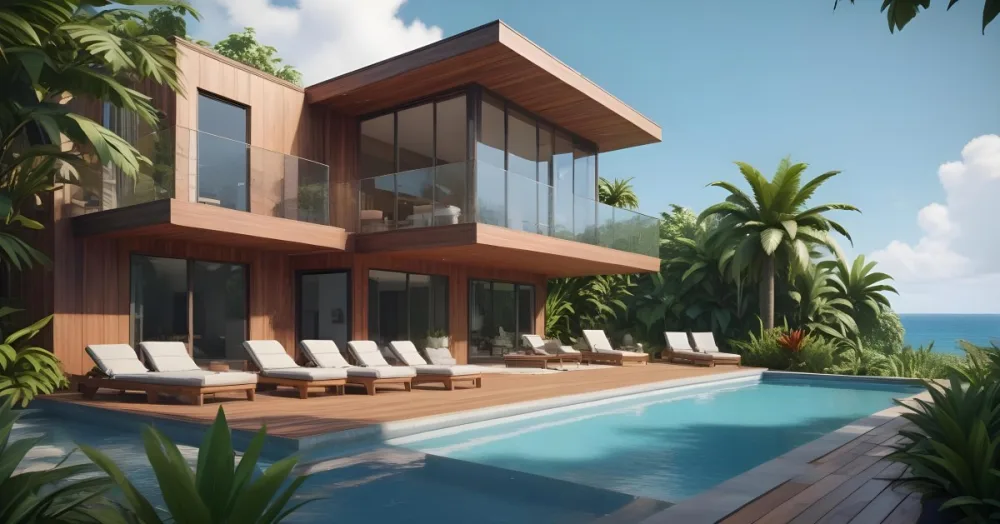 3d Model Modern Two Story House With A Wooden Exterior Large Glass Windows And A Spacious Patio The Scene Includes A Swimming Pool Lounge Chairs And Tropical Plants In The Foreground The Background Features Lush 5 9279