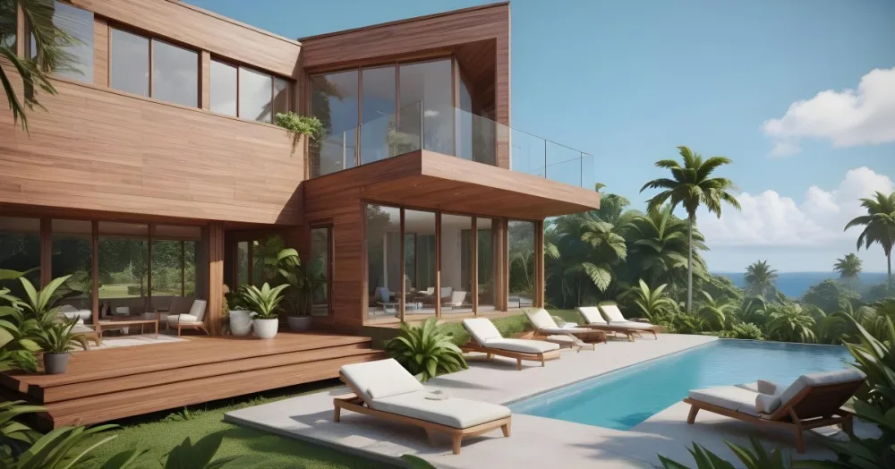 3d Model Modern Two Story House With A Wooden Exterior Large Glass Windows And A Spacious Patio The Scene Includes A Swimming Pool Lounge Chairs And Tropical Plants In The Foreground The Background Features Lush 6 C000