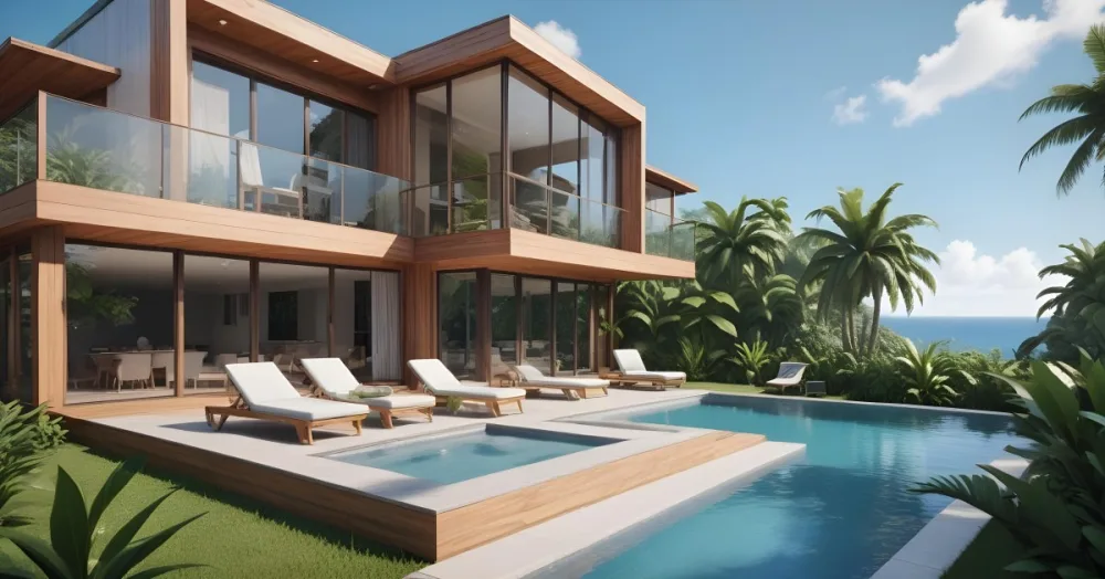 3d Model Modern Two Story House With A Wooden Exterior Large Glass Windows And A Spacious Patio The Scene Includes A Swimming Pool Lounge Chairs And Tropical Plants In The Foreground The Background Features Lush 7 96a4