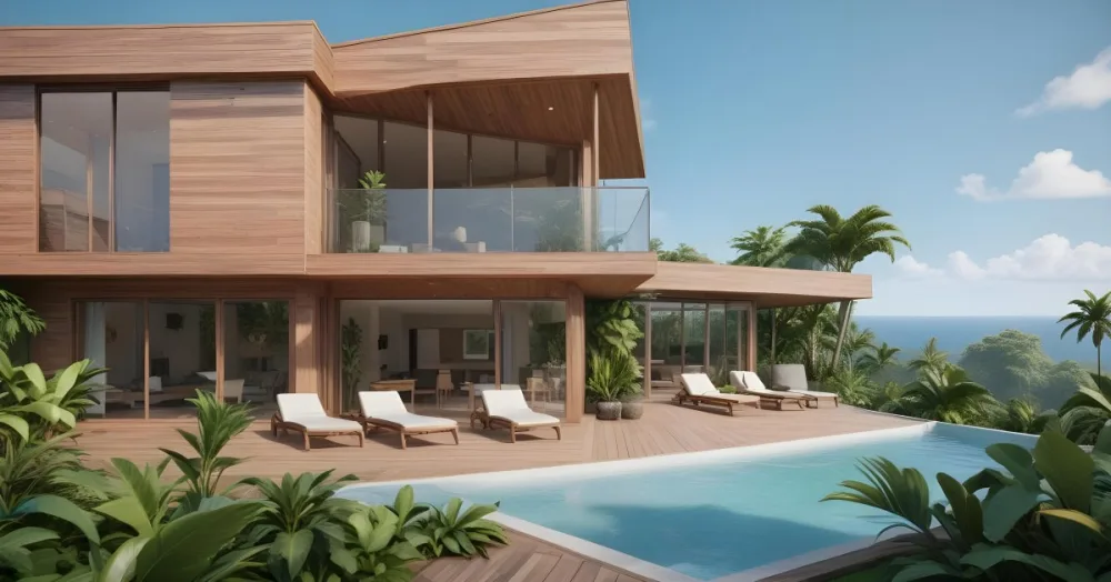 3d Model Modern Two Story House With A Wooden Exterior Large Glass Windows And A Spacious Patio The Scene Includes A Swimming Pool Lounge Chairs And Tropical Plants In The Foreground The Background Features Lush 8 9f02