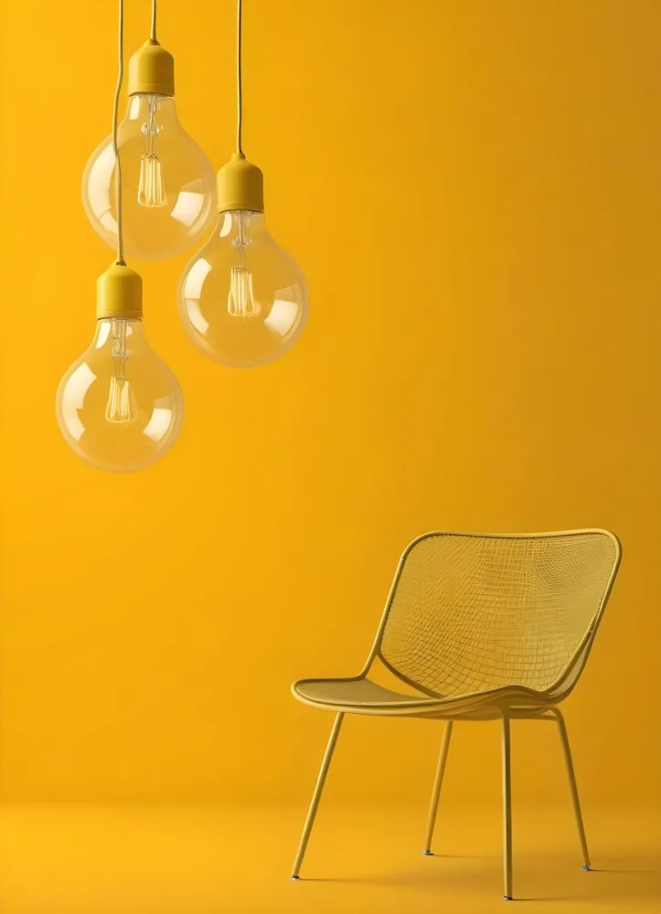 3d Model Three Hanging Light Bulbs With Visible Filaments A Yellow Chair With A Mesh Seat All Against A Solid Yellow Background Minimalist Design Figure Octane Render Volumetric Highly Detailed Videogame Aesthet 12 Ffa3