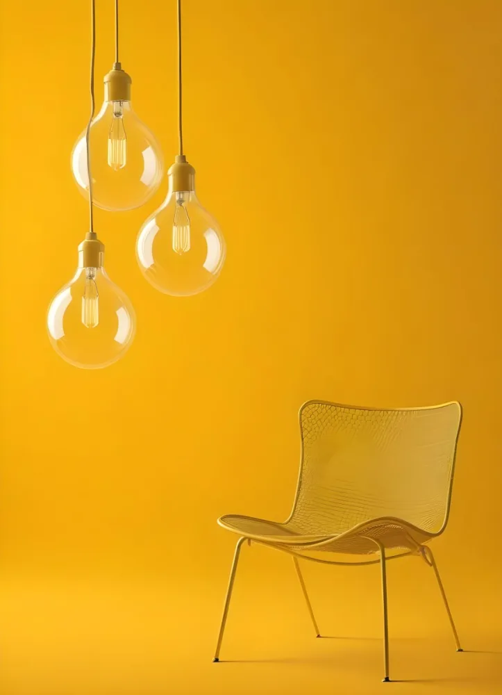3d Model Three Hanging Light Bulbs With Visible Filaments A Yellow Chair With A Mesh Seat All Against A Solid Yellow Background Minimalist Design Figure Octane Render Volumetric Highly Detailed Videogame Aesthet 13 5e06