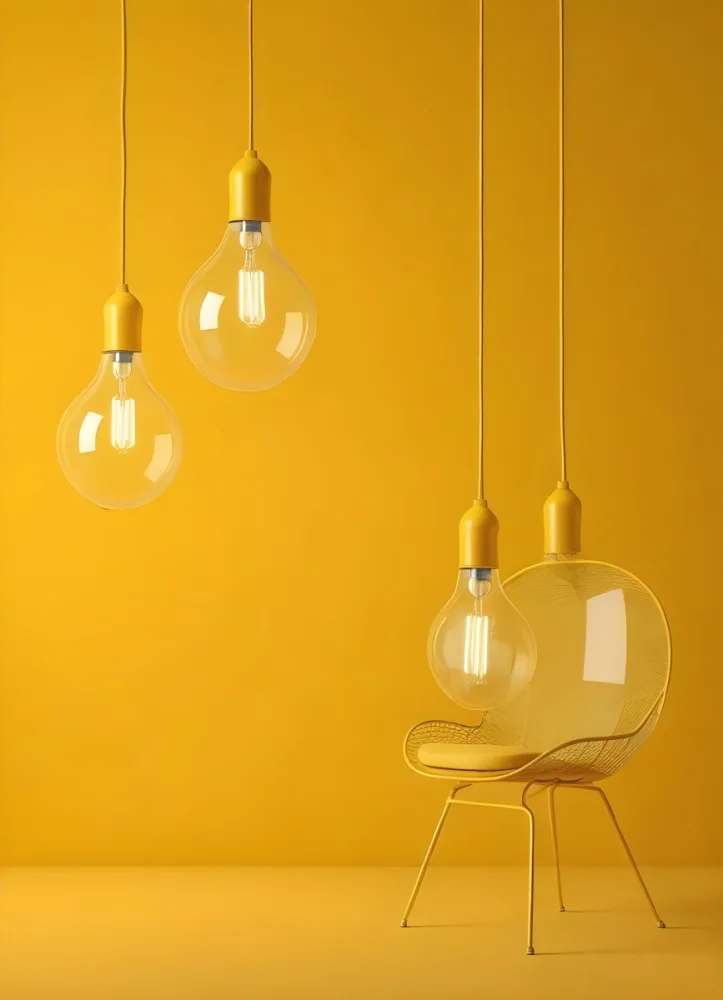 3d Model Three Hanging Light Bulbs With Visible Filaments A Yellow Chair With A Mesh Seat All Against A Solid Yellow Background Minimalist Design Figure Octane Render Volumetric Highly Detailed Videogame Aesthet 15 05d6