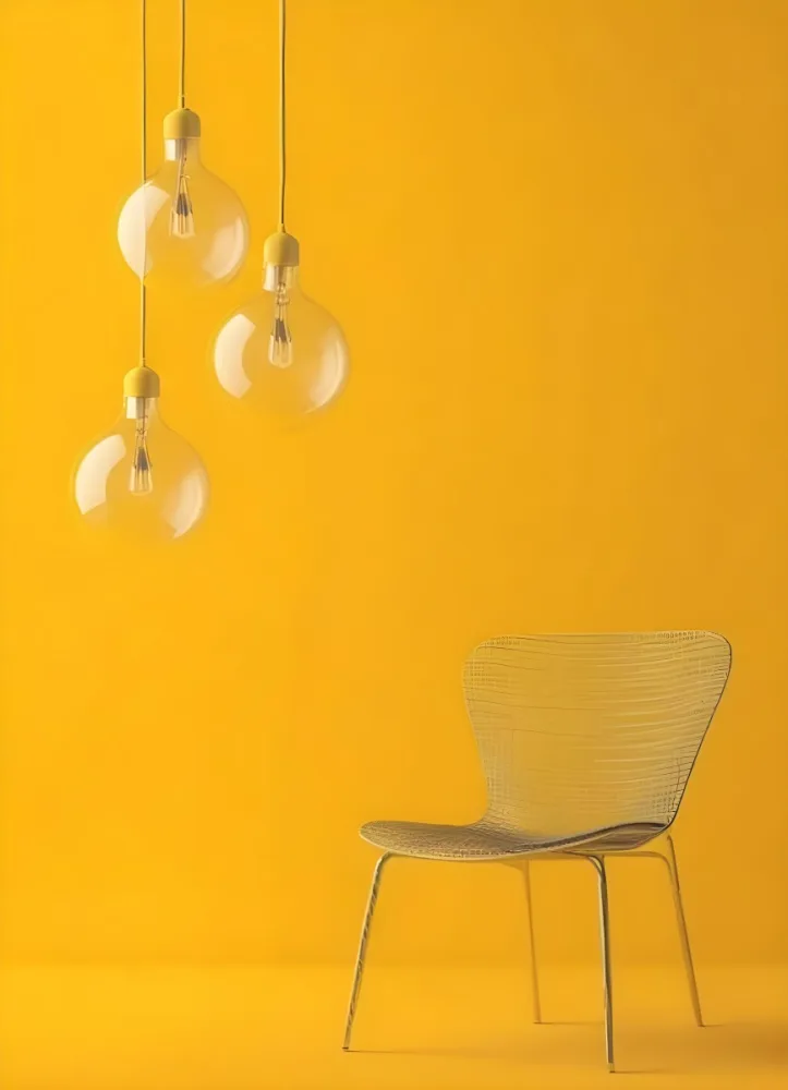 3d Model Three Hanging Light Bulbs With Visible Filaments A Yellow Chair With A Mesh Seat All Against A Solid Yellow Background Minimalist Design Figure Octane Render Volumetric Highly Detailed Videogame Aesthet 17 Ae51