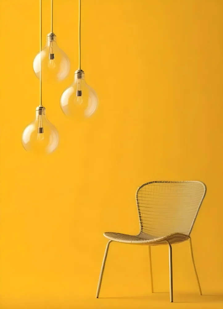3d Model Three Hanging Light Bulbs With Visible Filaments A Yellow Chair With A Mesh Seat All Against A Solid Yellow Background Minimalist Design Figure Octane Render Volumetric Highly Detailed Videogame Aesthet 19 D8a2