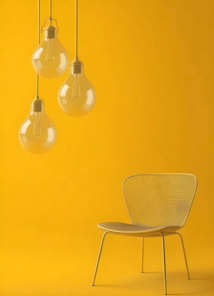 3d Model Three Hanging Light Bulbs With Visible Filaments A Yellow Chair With A Mesh Seat All Against A Solid Yellow Background Minimalist Design Figure Octane Render Volumetric Highly Detailed Videogame Aesthet 21 0b21