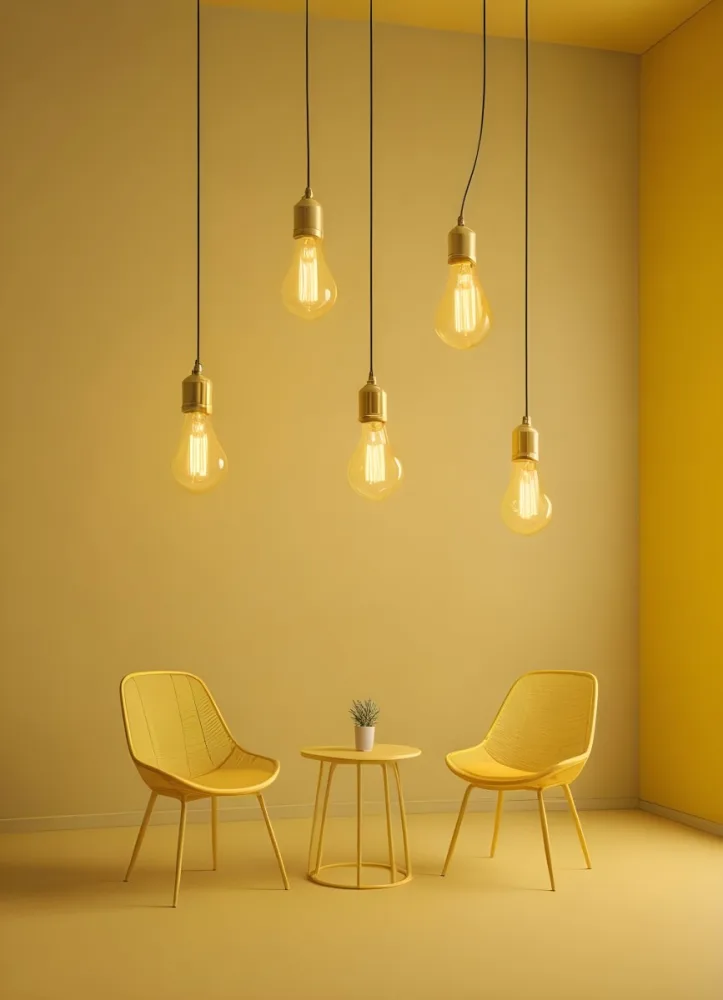 3d Model Three Hanging Light Bulbs With Visible Filaments A Yellow Chair With A Mesh Seat All Against A Solid Yellow Background Minimalist Design Figure Octane Render Volumetric Highly Detailed Videogame Aesthet 26 Ecaa