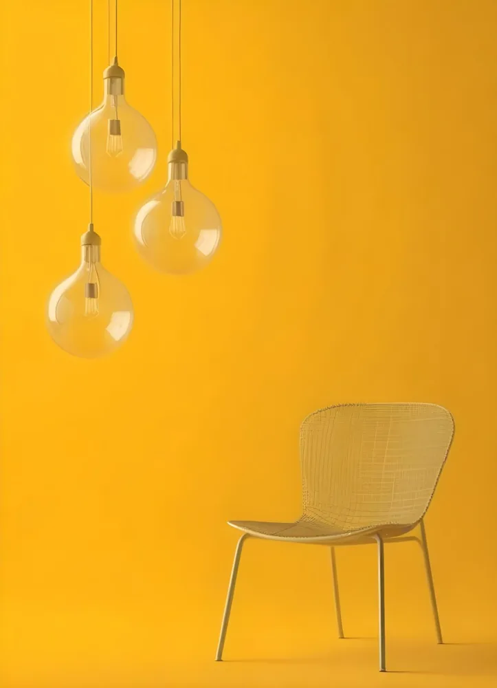 3d Model Three Hanging Light Bulbs With Visible Filaments A Yellow Chair With A Mesh Seat All Against A Solid Yellow Background Minimalist Design Figure Octane Render Volumetric Highly Detailed Videogame Aesthet 27 B113
