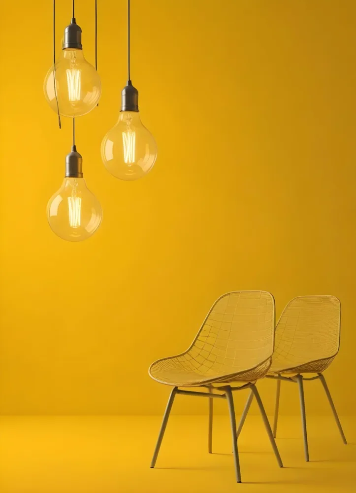 3d Model Three Hanging Light Bulbs With Visible Filaments A Yellow Chair With A Mesh Seat All Against A Solid Yellow Background Minimalist Design Figure Octane Render Volumetric Highly Detailed Videogame Aesthet 28 Aa28