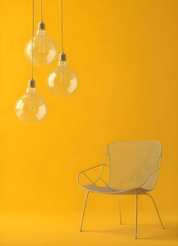3d Model Three Hanging Light Bulbs With Visible Filaments A Yellow Chair With A Mesh Seat All Against A Solid Yellow Background Minimalist Design Figure Octane Render Volumetric Highly Detailed Videogame Aesthet 29 E4fc