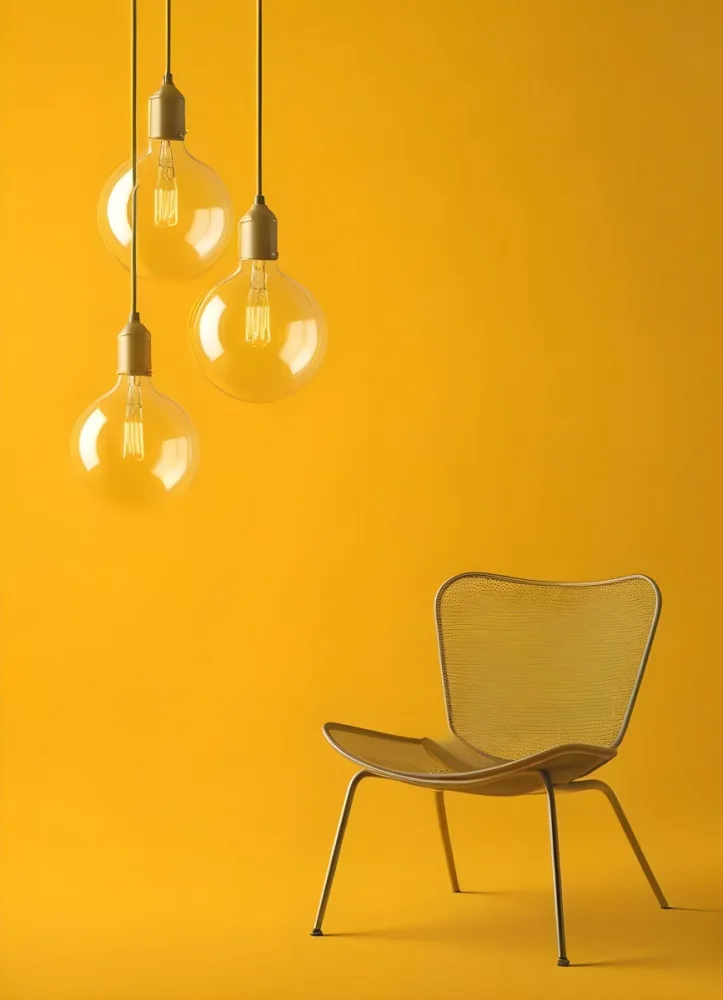 3d Model Three Hanging Light Bulbs With Visible Filaments A Yellow Chair With A Mesh Seat All Against A Solid Yellow Background Minimalist Design Figure Octane Render Volumetric Highly Detailed Videogame Aesthet 3 7cf9