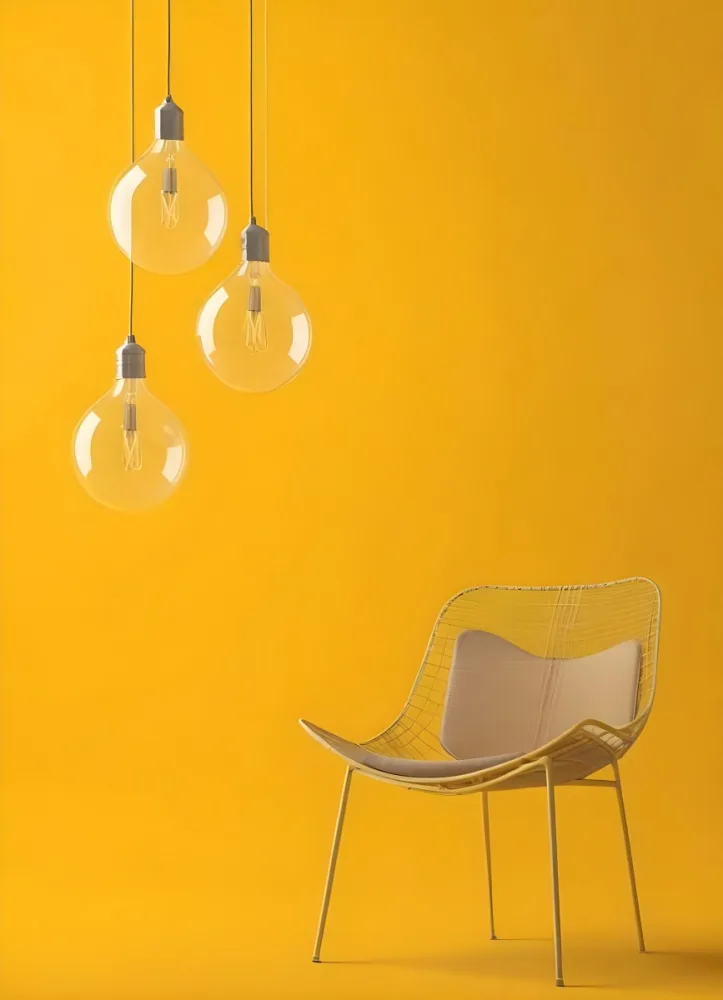 3d Model Three Hanging Light Bulbs With Visible Filaments A Yellow Chair With A Mesh Seat All Against A Solid Yellow Background Minimalist Design Figure Octane Render Volumetric Highly Detailed Videogame Aesthet 31 937d