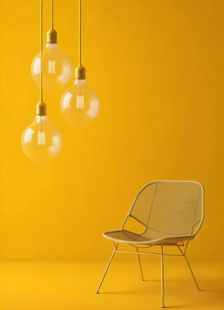 3d Model Three Hanging Light Bulbs With Visible Filaments A Yellow Chair With A Mesh Seat All Against A Solid Yellow Background Minimalist Design Figure Octane Render Volumetric Highly Detailed Videogame Aesthet 6 Eb1d
