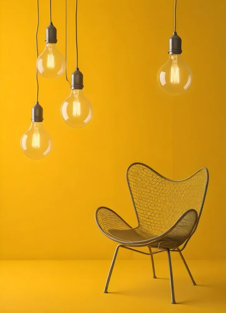 3d Model Three Hanging Light Bulbs With Visible Filaments A Yellow Chair With A Mesh Seat All Against A Solid Yellow Background Minimalist Design Figure Octane Render Volumetric Highly Detailed Videogame Aesthet 7 69ae