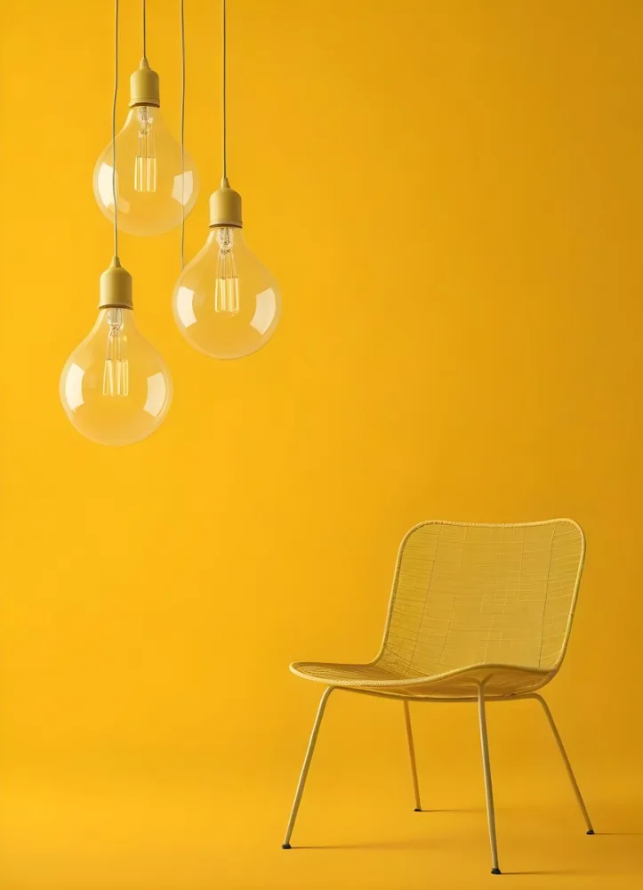 3d Model Three Hanging Light Bulbs With Visible Filaments A Yellow Chair With A Mesh Seat All Against A Solid Yellow Background Minimalist Design Figure Octane Render Volumetric Highly Detailed Videogame Aesthet 9 9c53