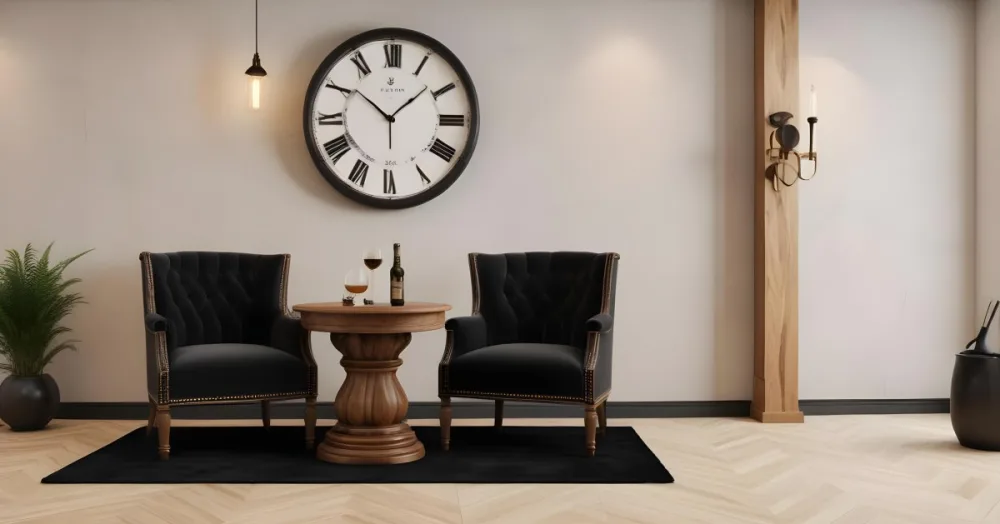 3d Model Two Elegant Chairs With Dark Upholstery And Wooden Frames Positioned Beside A Small Pedestal Table On The Table There Is A Bottle Of Whiskey A Large Wall Clock With Roman Numerals Is Mounted Above The Chair 14 5c28