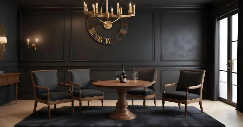 3d Model Two Elegant Chairs With Dark Upholstery And Wooden Frames Positioned Beside A Small Pedestal Table On The Table There Is A Bottle Of Whiskey A Large Wall Clock With Roman Numerals Is Mounted Above The Chair 15 8c5d
