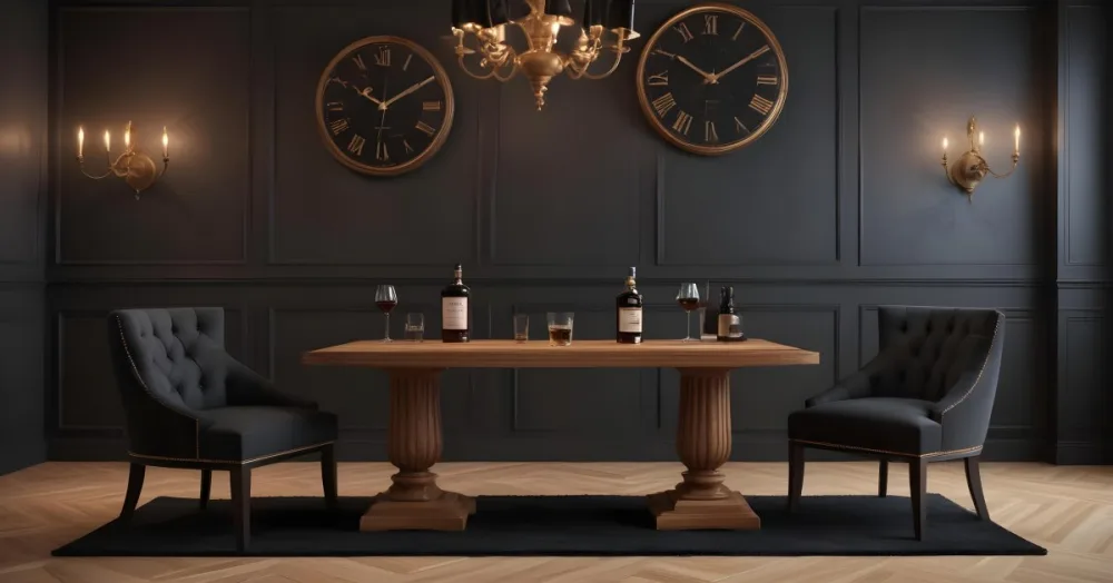 3d Model Two Elegant Chairs With Dark Upholstery And Wooden Frames Positioned Beside A Small Pedestal Table On The Table There Is A Bottle Of Whiskey A Large Wall Clock With Roman Numerals Is Mounted Above The Chair 18 0bc2